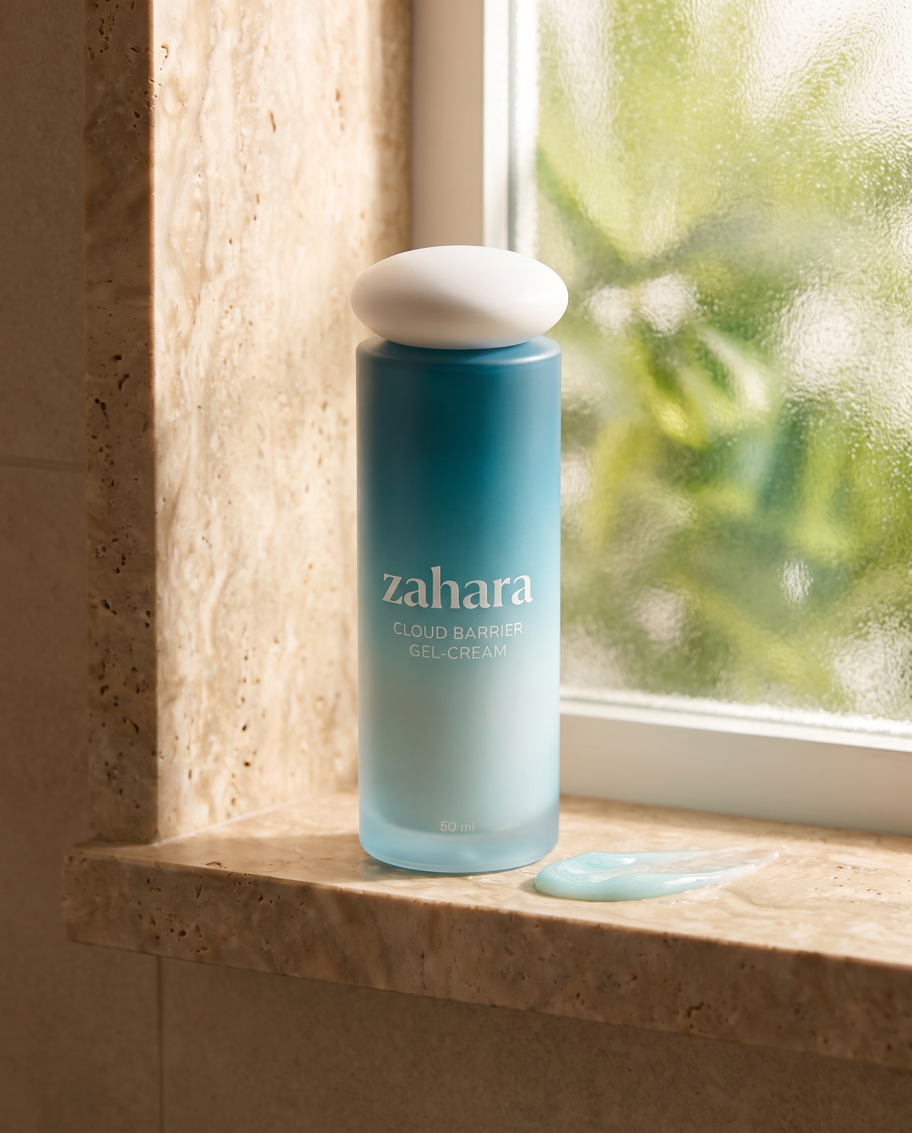 Zahara bottle on a sunlit stone ledge beside a frosted window with soft green tropical foliage outside.
