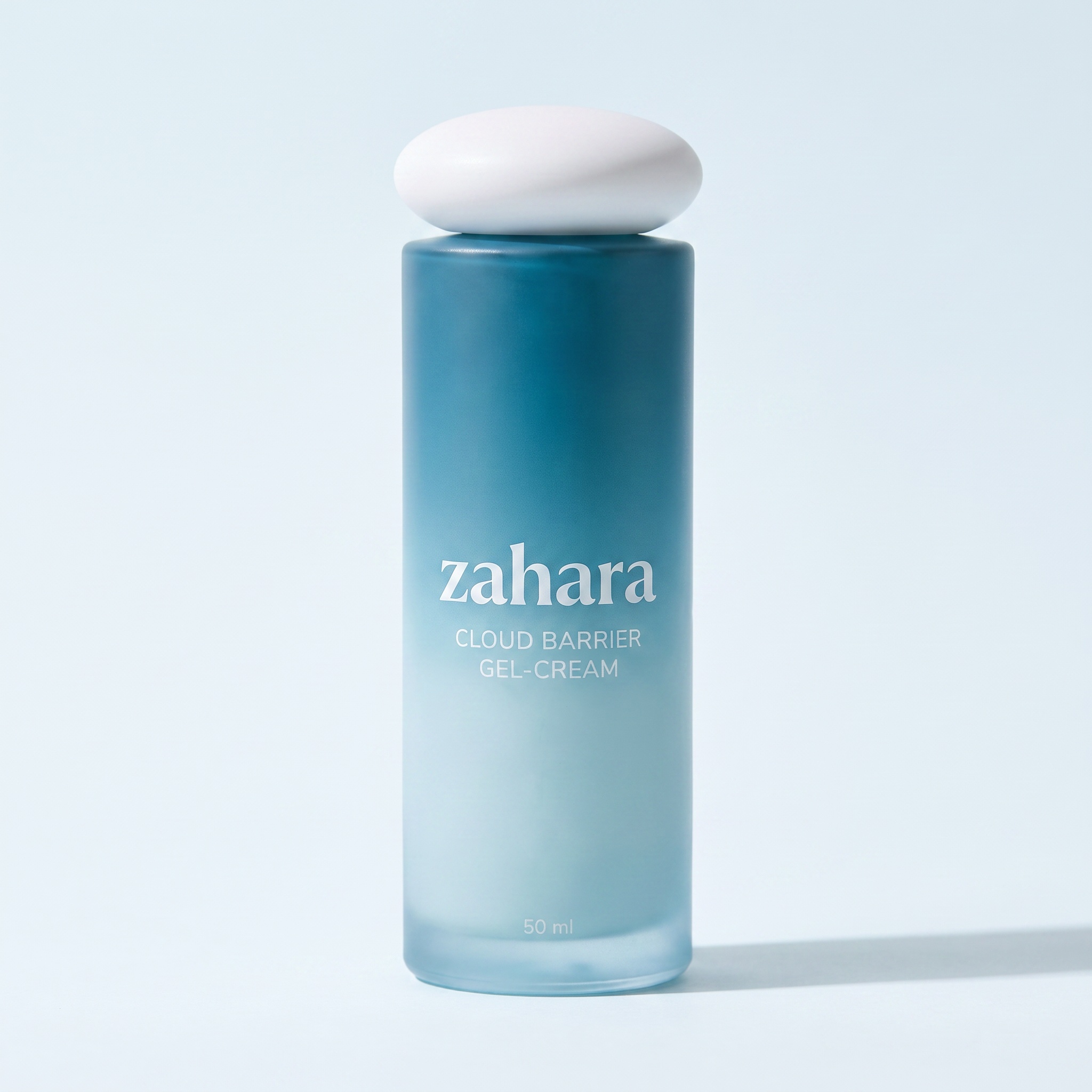 Zahara Cloud Barrier Gel-Cream in its aqua-to-lagoon gradient bottle with the white pebble cap, studio packshot.